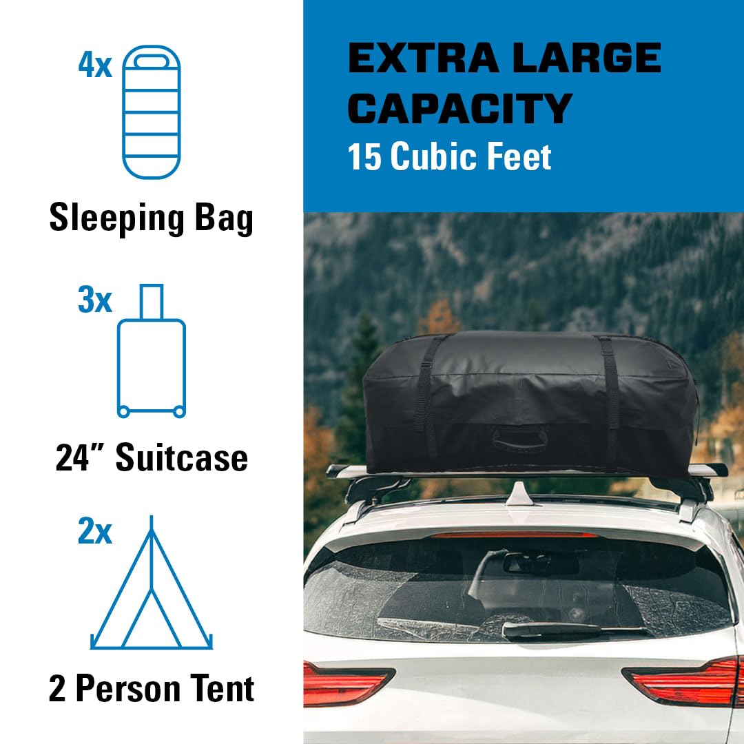 REESE 59006 Waterproof Rooftop Cargo Carrier Bag for Cars, SUVs or Trucks with/Without Roof Racks, 15 Cubic Feet, Heavy Duty 840
