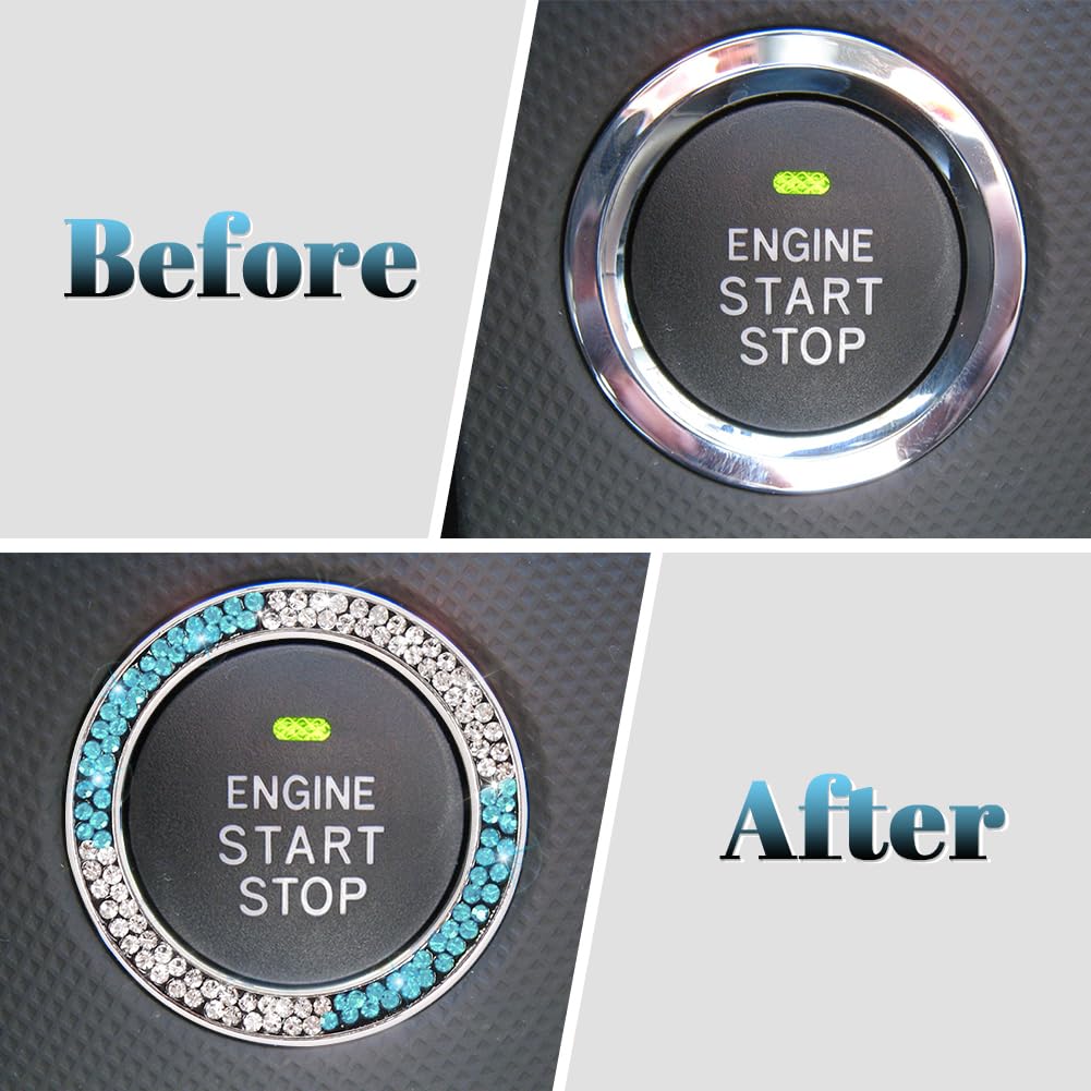 Tobequeen Teal Bling Push Start Button Cover Emblem Sticker, Crystal Diamond Rhinestone Blue Engine Start Ring Car Decor, White