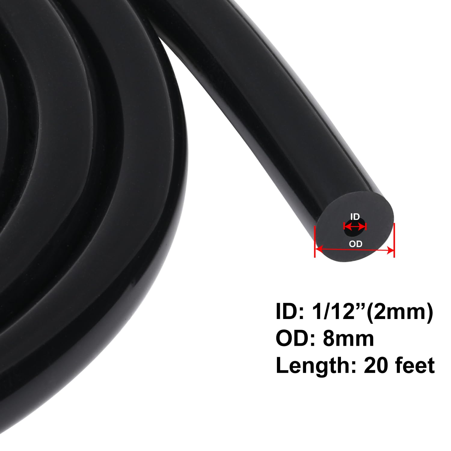 Podavelle 1/12'' 2mm ID Silicone Vacuum Hose Line Tubing 20FT Black 130 PSI Maximum Pressure