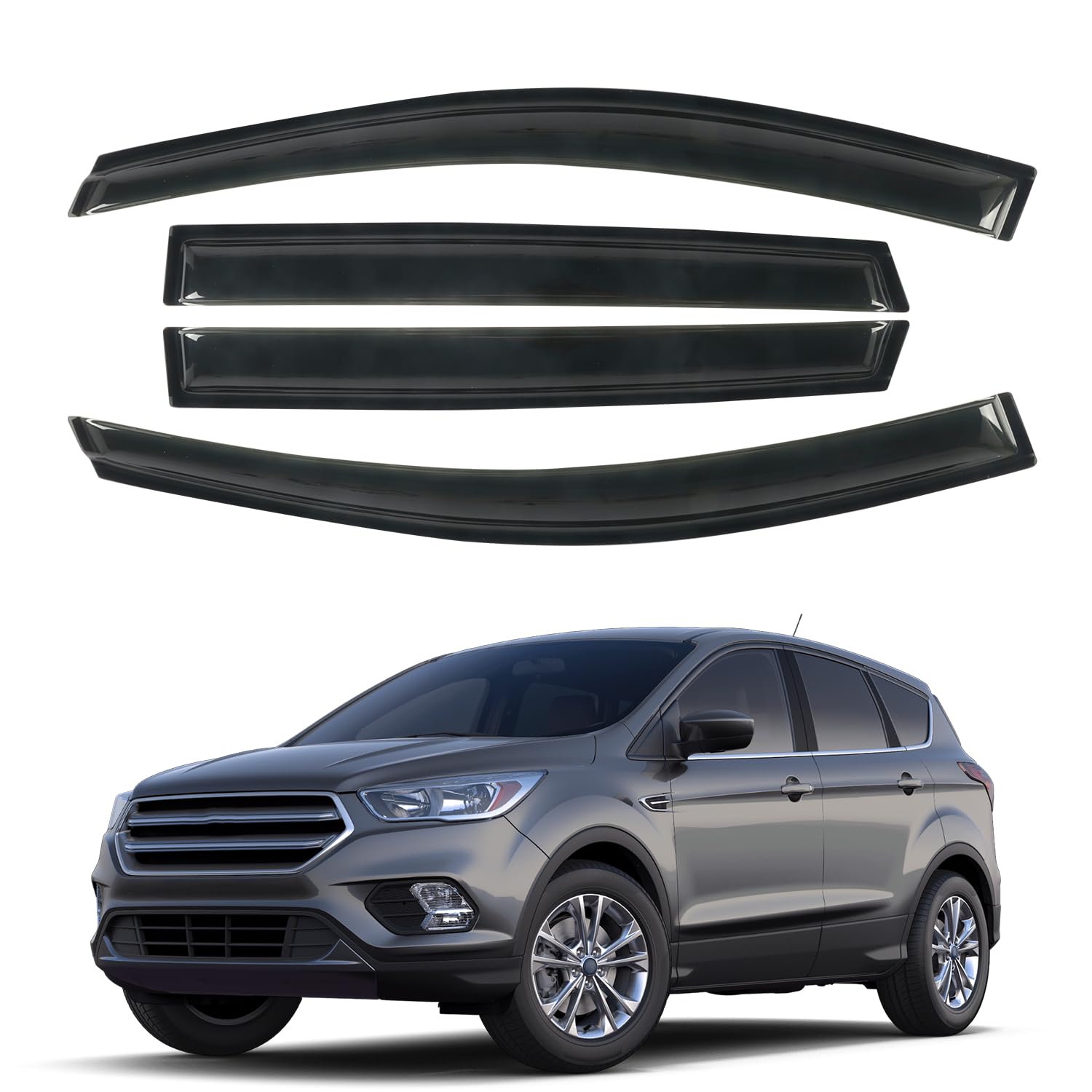 Rain Guards Fit for 2013-2019 Ford Escape, Tape-On Window Visors Shield, Smoke Tinted Vent Guard Deflector, Outside Mount Vent V