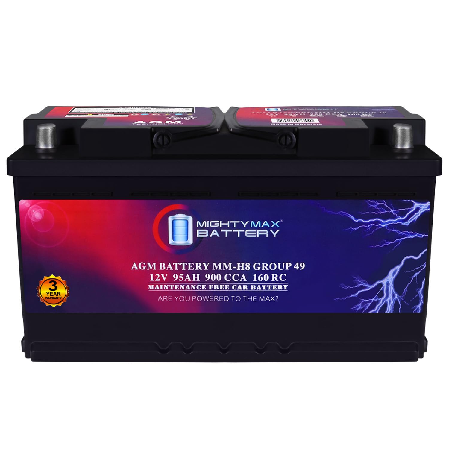 Mighty Max Battery MM-H8 Start and Stop Car BCI Group 49 12V 95Ah, 160RC, 900 CCA Rechargeable AGM Car Battery