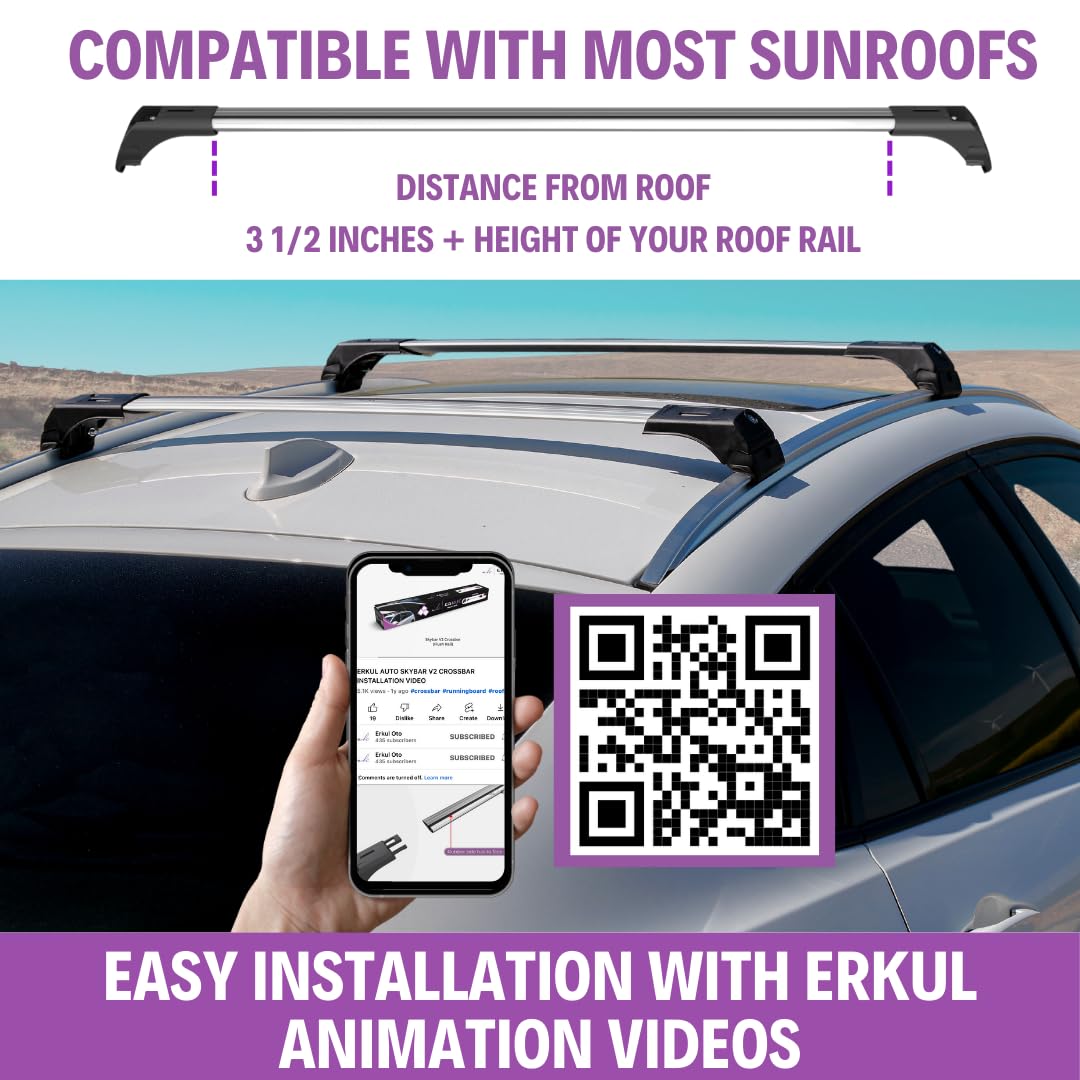 ERKUL Aluminum Roof Rack Cross Bars for Audi Q5 2018-2024, Silver, Anti-Theft Lock, Compatible with Flush Rails, Model SKYBAR V2