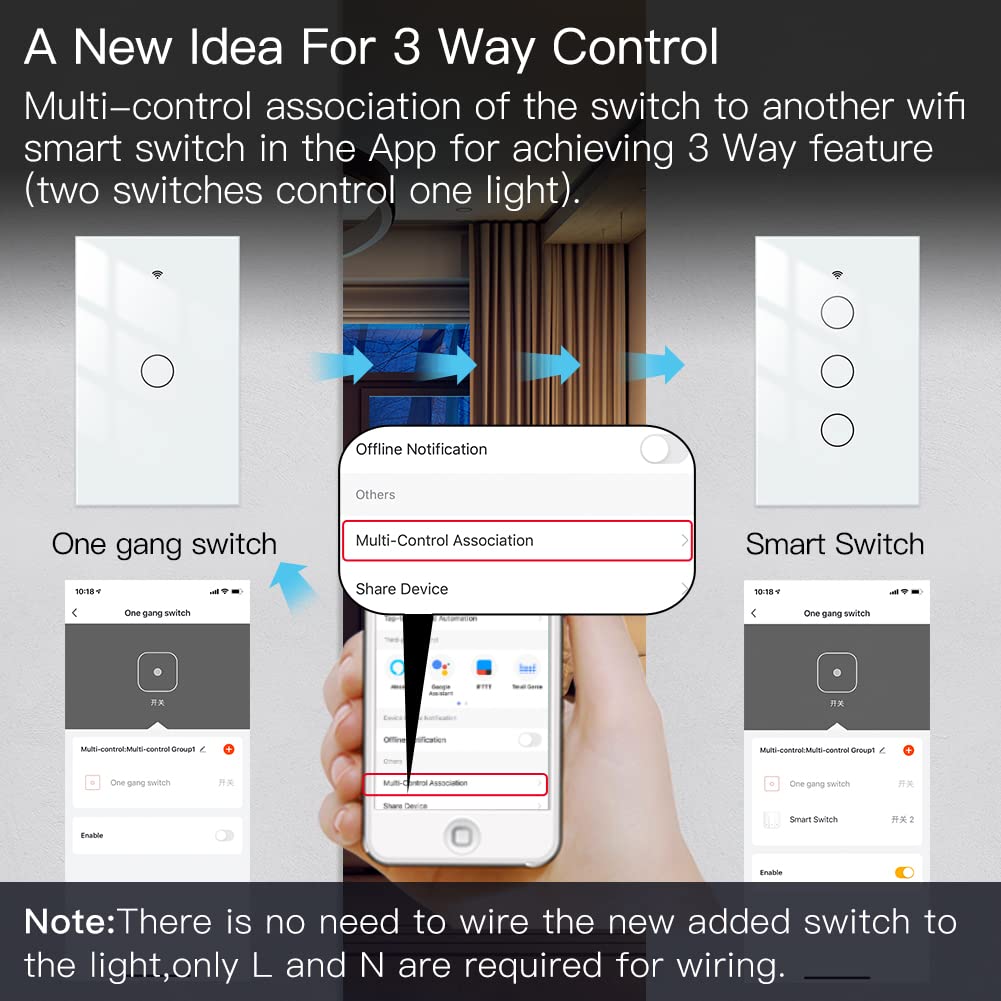 MOES 2.4GHz WiFi Wall Touch Smart Switch Neutral Wire Required, 3 Way Multi-Cont WBHDWB08NCBV52K