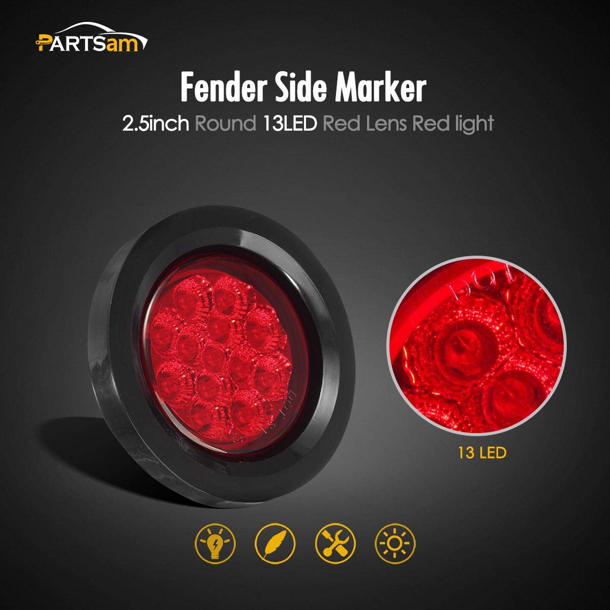 Partsam 10Pcs 2.5'' Round Red 13Led Side Marker Clearance Lights With Light Grommet And Wire Pigtail For Trailer Truck Rv, Flush