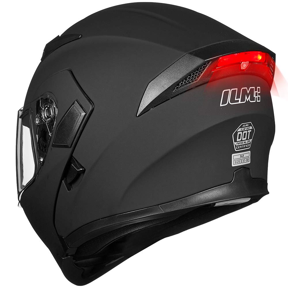 ILM Motorcycle Dual Visor Flip up Modular Full Face Helmet DOT LED Light Model 902L (L, Matte Black - LED)