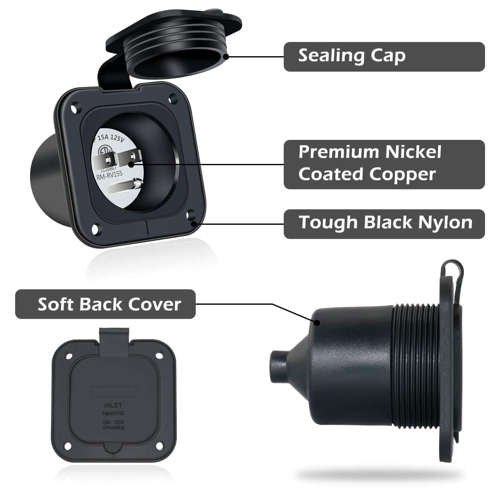EilxMag 15 Amp 125V AC Power Inlet Port Plug Flanged Inlet NEMA 5-15P RV Power Outlet with Integrated Dual 24'' Cord ETL Approve