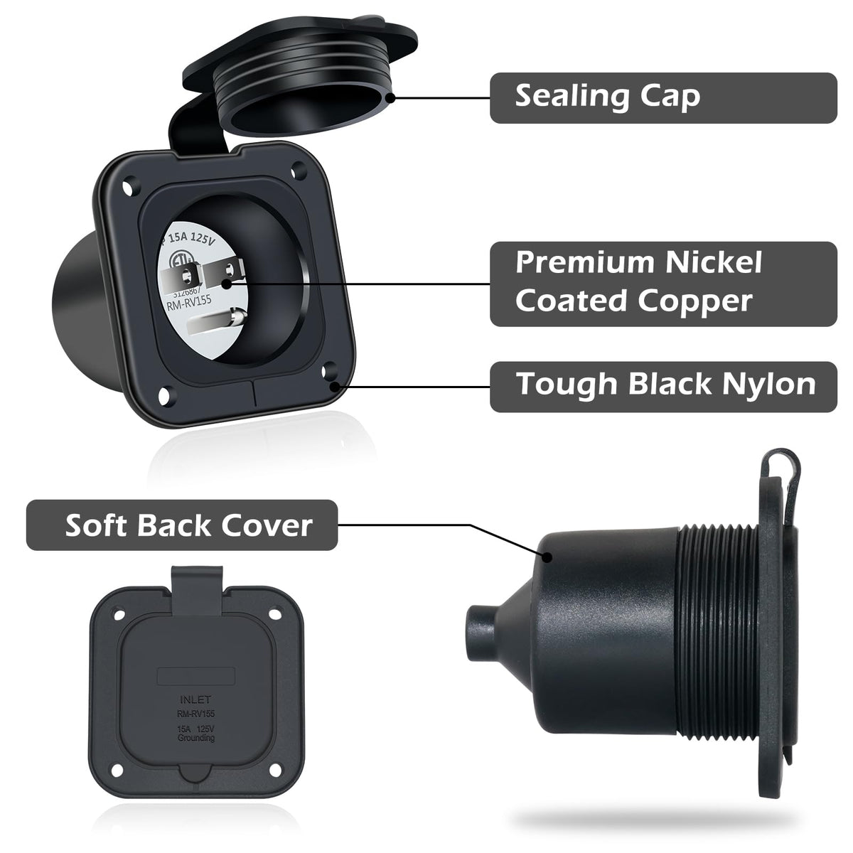 Square Power Inlet 15 Amp Shore Power Inlet, EilxMag 125V Flanged Inlet Power Inlet Port ...