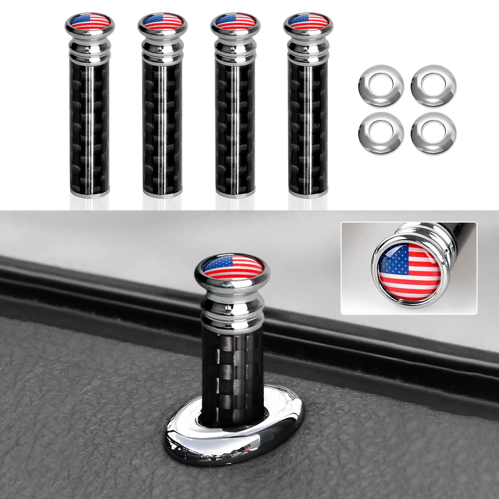4Pcs Car Door Lock Knobs Carbon Fiber Door Lock Bolt Pin Cover American Flag Universal Modification Interior Accessries (Red Flag)