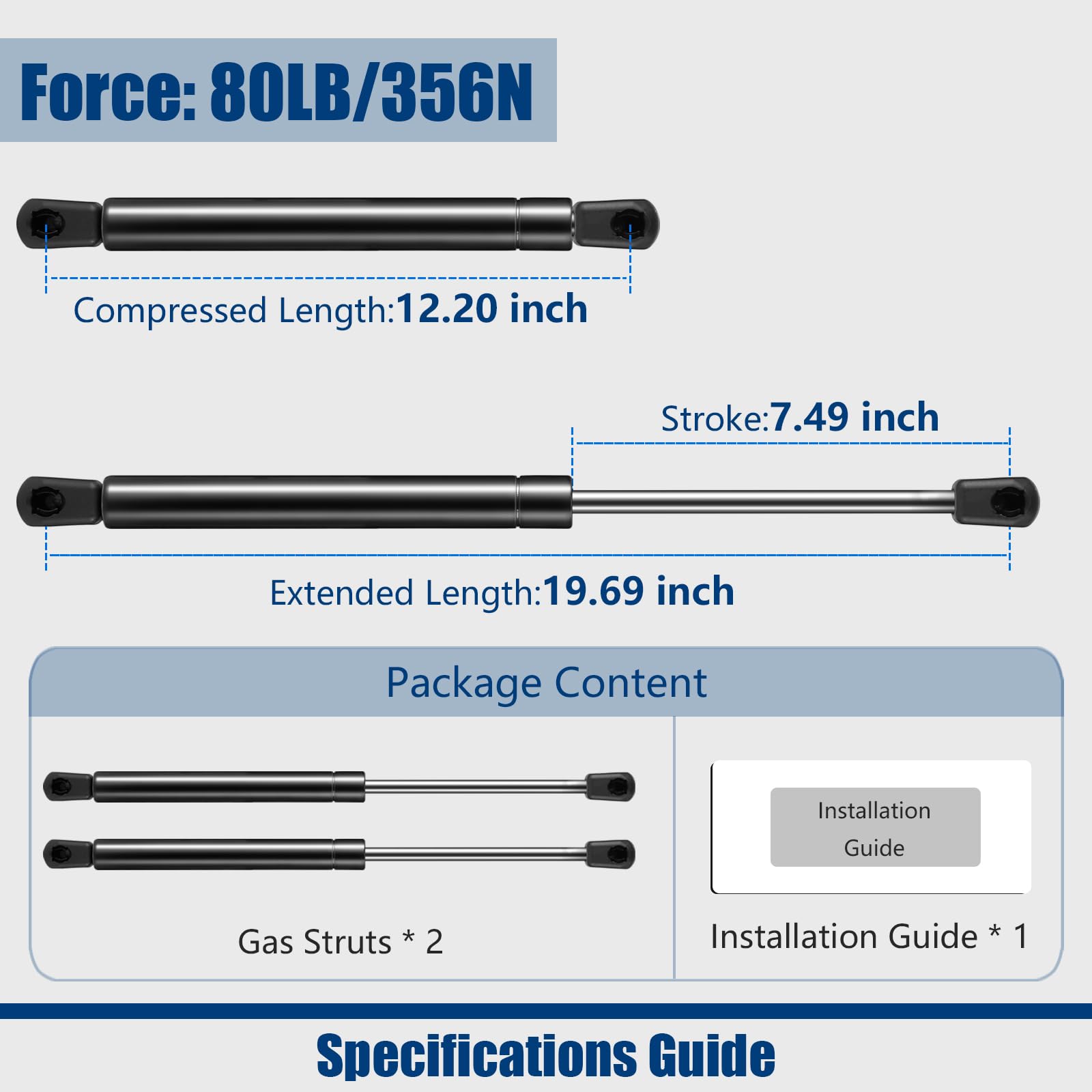 C16-08053 Lgp8-200-80 20 Inch 80Lb/356N Gas Strut Shock Spring Lift Support For Rv Bed, Underbed Storage, Rv Door, Truck Bed Ton
