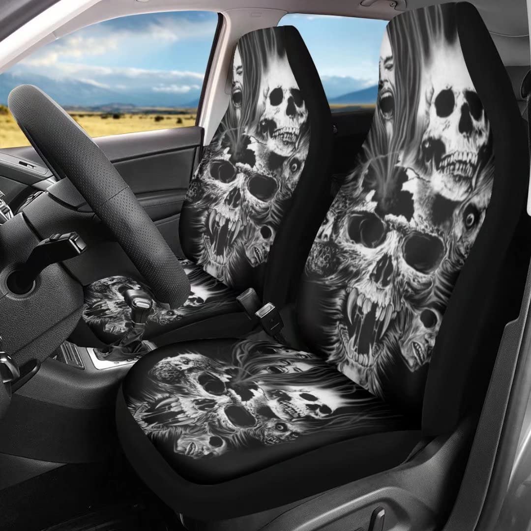 Dellukee Auto Front Car Seat Covers Seats 2 PCS Skull Print Universal Bucket Interior Accessories Decoration fits Most Cars, SUV