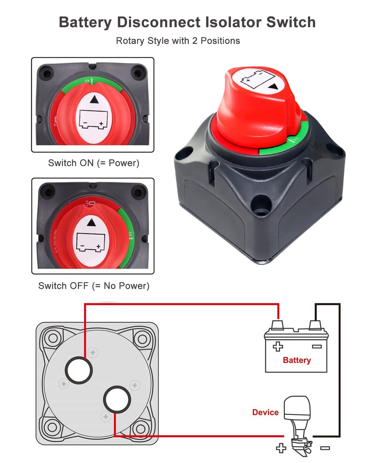 Gioyonil Battery Disconnect Switch Isolator, 12V-48V On-Off Power Cut Master Shut-Off Switch With 2 Awg X 3/8    Ring Terminals