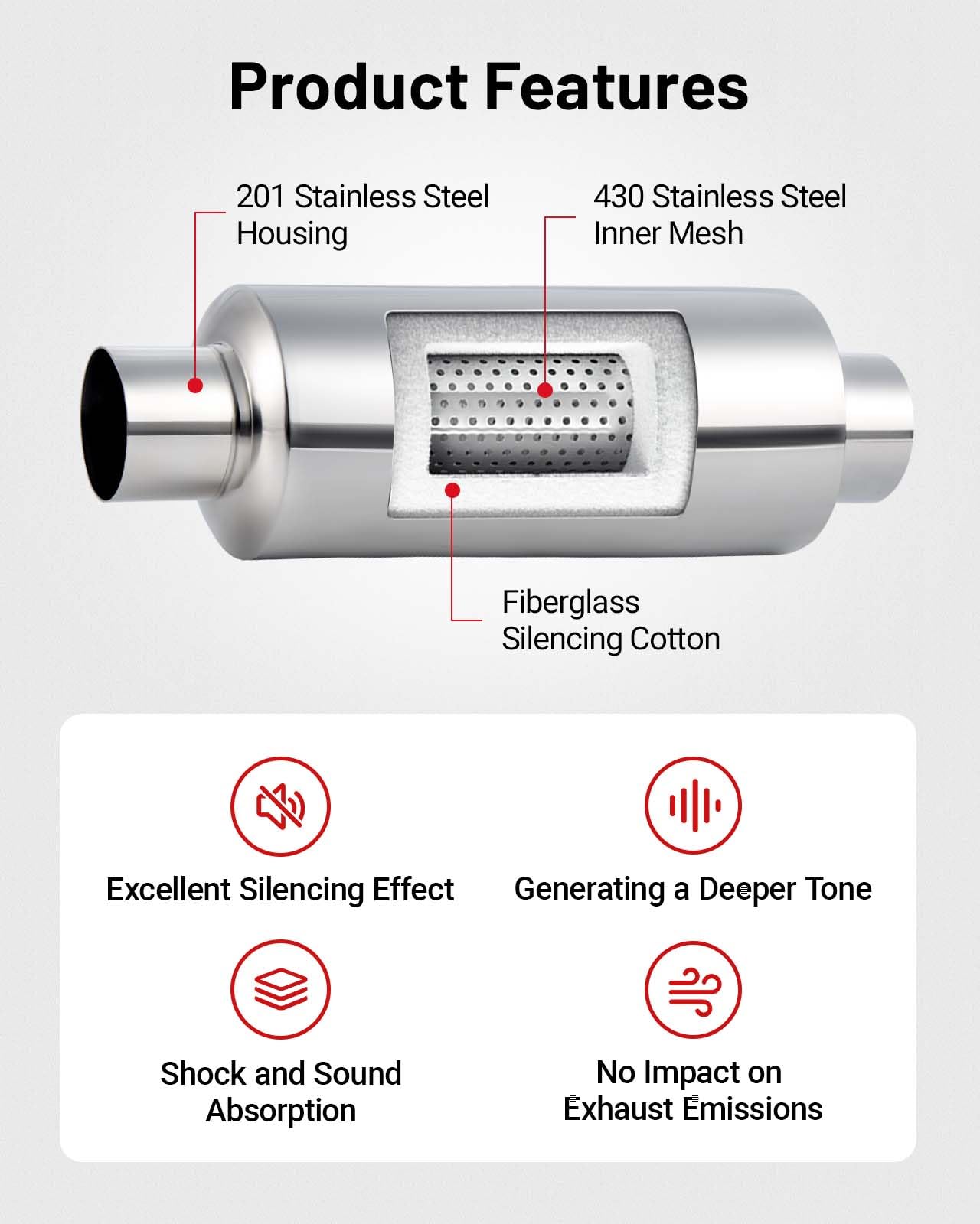 Evil Energy 2.25'' Resonator Muffler Stainless Steel (2.25 Inch Inlet/Outlet, 13.8'' Length)
