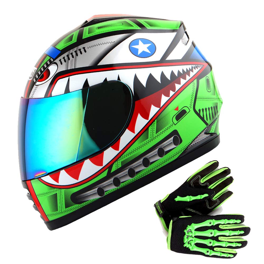 Wow Youth Motorcycle Full Face Helmet Street Bike Bmx Mx Kids Shark Green + Mx Skeleton Glove Bundle