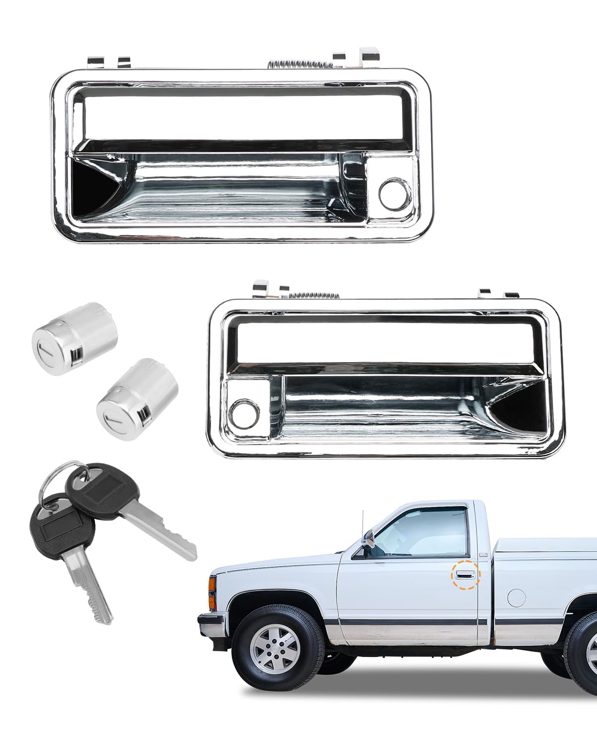 Chrome Exterior Door Handles, W/ Lock Cylinders & Keys, Compatible With 1988-2001 Chevy K1500 K2500 K3500 C1500 C2500 C3500, Gmc