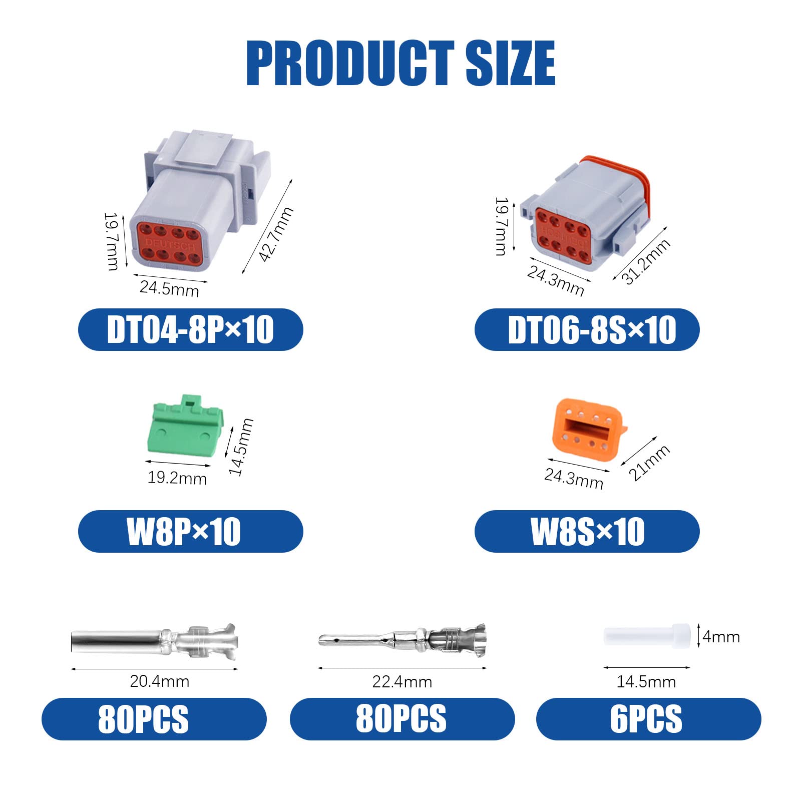206Pcs 8 Pin Way Deutsch Dt Gray Connector 10 Set,Size 16 Solid Contacts Waterproof Electrical Wire Connector With Seal Plug For Truck, Off-Road Vehicles, Marine, Motorcycle Wiring