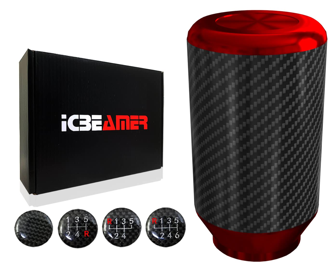 ICBEAMER Red Aluminum w/Carbon Fiber 3.25'' Shift Knob, Tall Fit Automatic and 4, 5 and 6 Speed Manual Transmission Vehicles, In