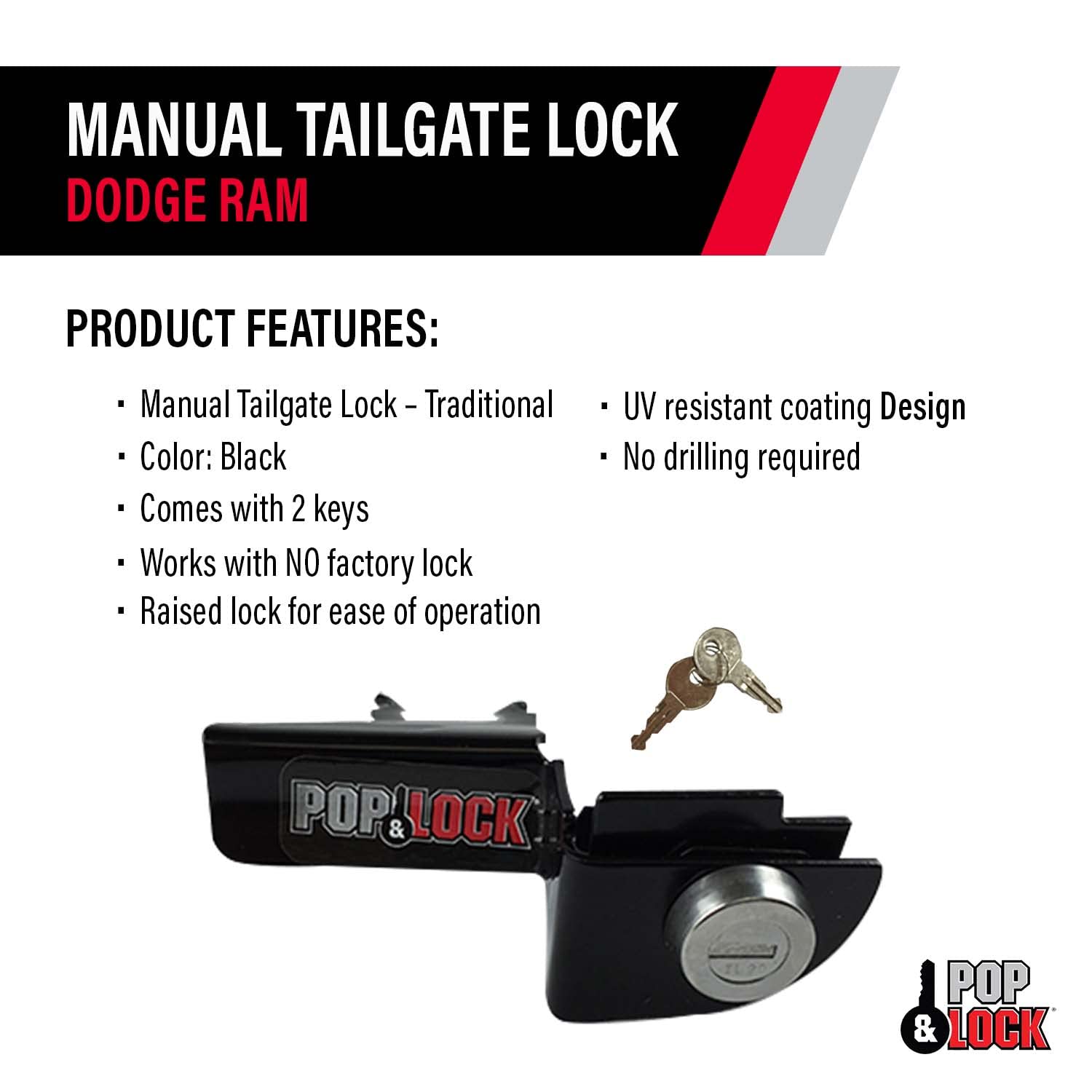 Pop & Lock - Manual Tailgate Lock For Dodge Ram 1500, 2500, And 3500, Fits 1994 To 2001 (Black, Pl3300, Works With No Factory Lo