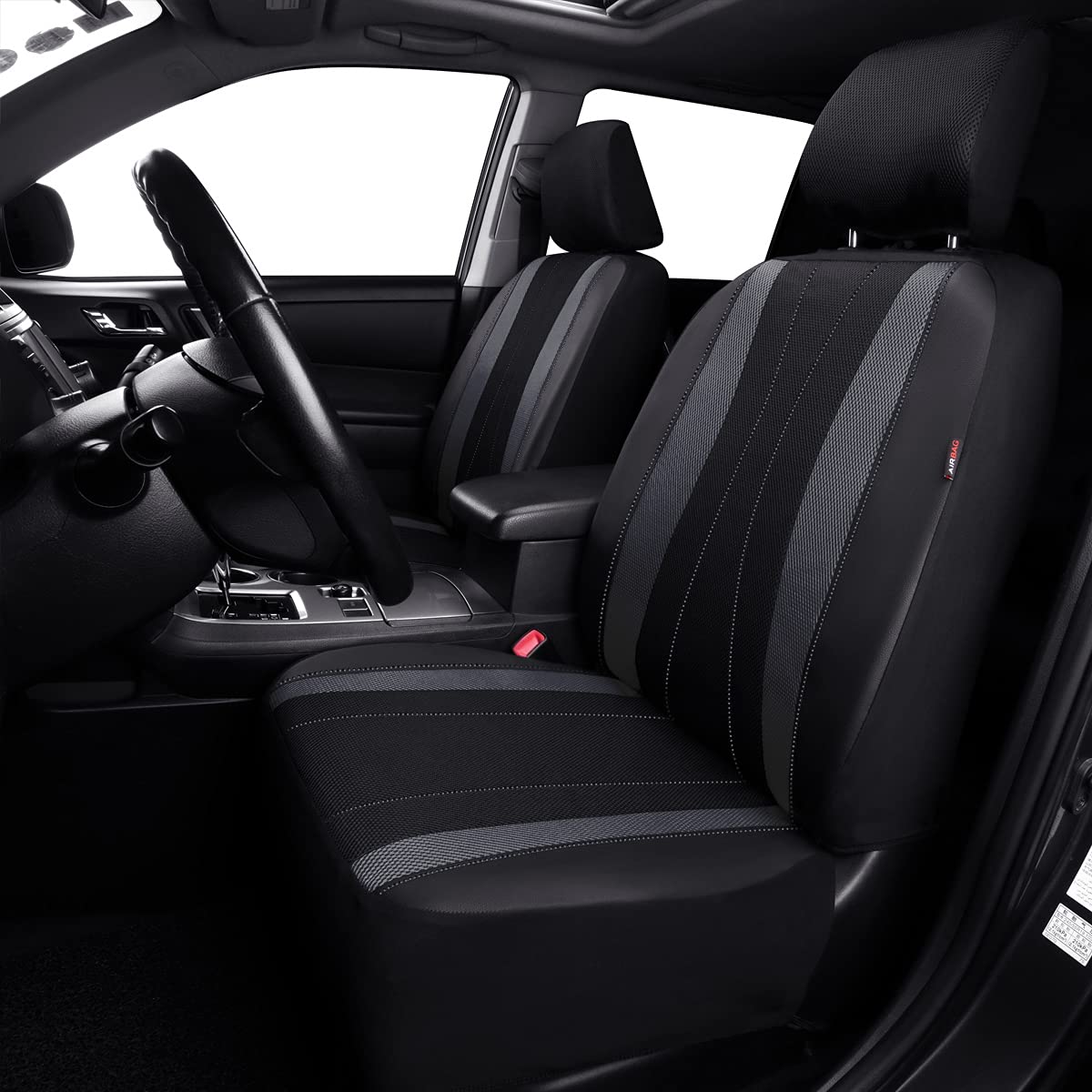 Flying Banner Car Seat Covers Full Set Faux Leather Air Mesh Breathable Man Lady Airbag Compatible Rear Bench Split 40/60 50/50 60/40 Truck Pick Up (Full Set -- Low Back, Black Gray)