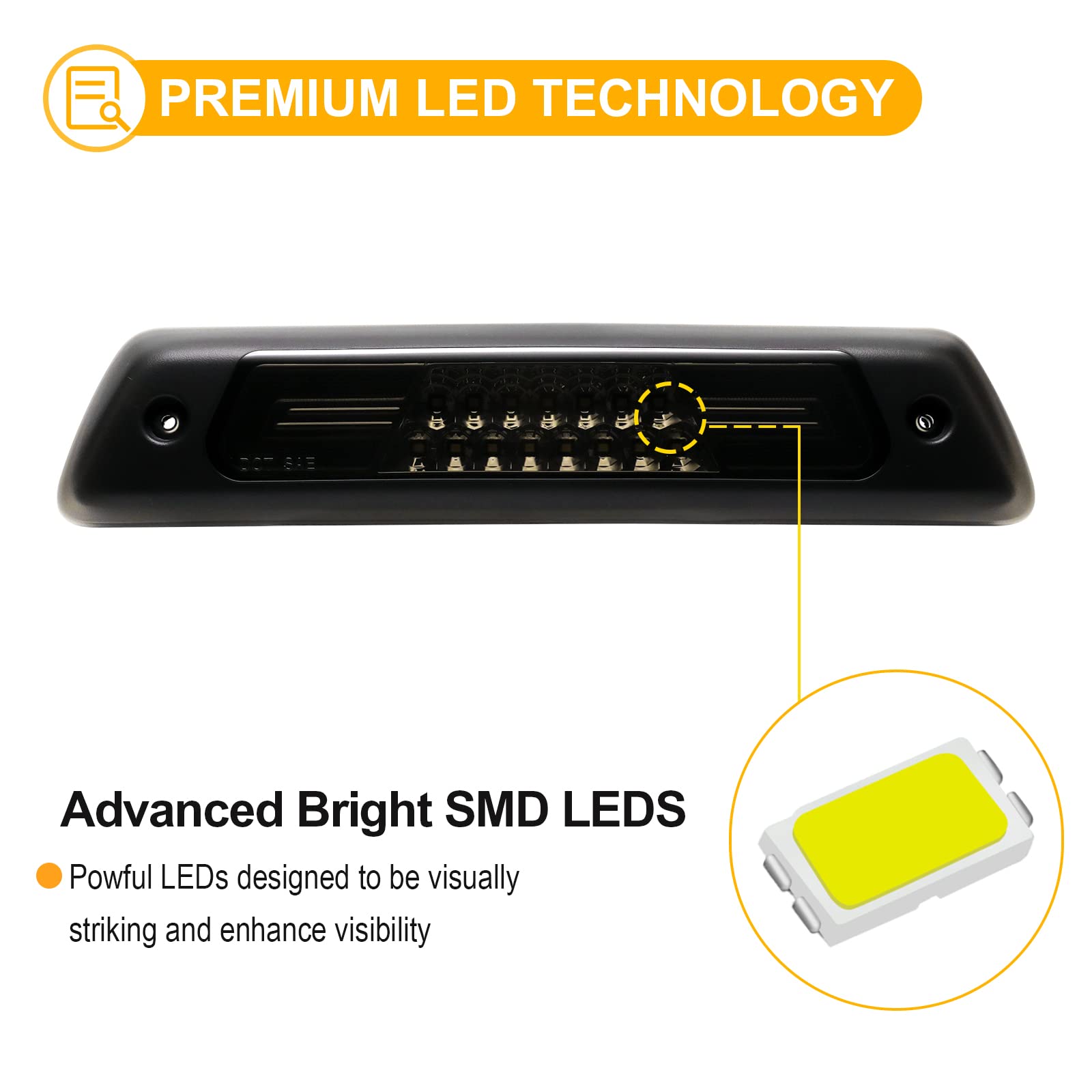 R&F Auto Led Smoked Lens Third Brake Light Replacement For F150 (2009-2014) High Mount Stop Lamp Tail Rear Cab Roof Cargo Lights With Seal Foam Gaskets