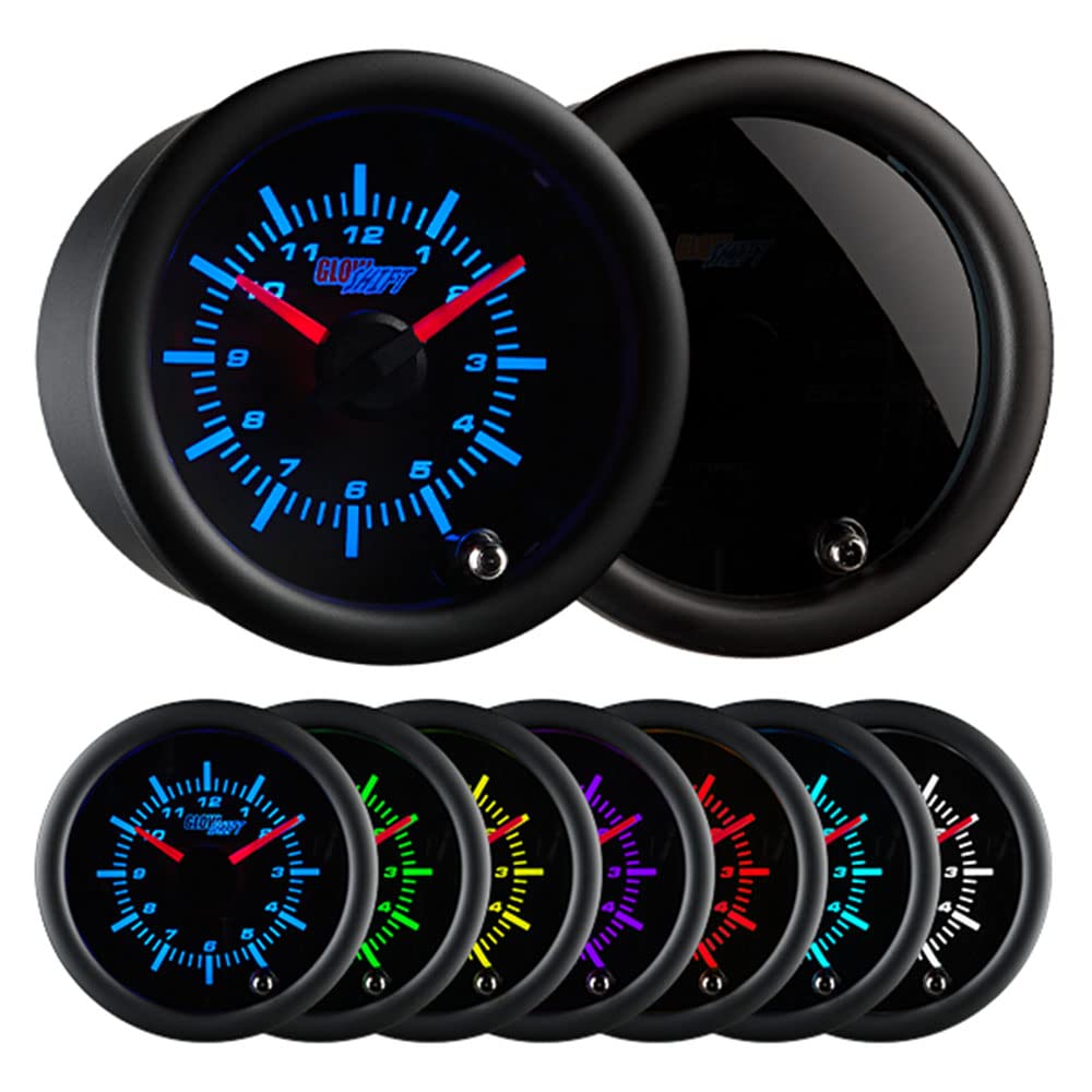 Glowshift Tinted 7 Color Analog Clock Gauge - Black Dial - Smoked Lens - 2-1/16'' 52Mm