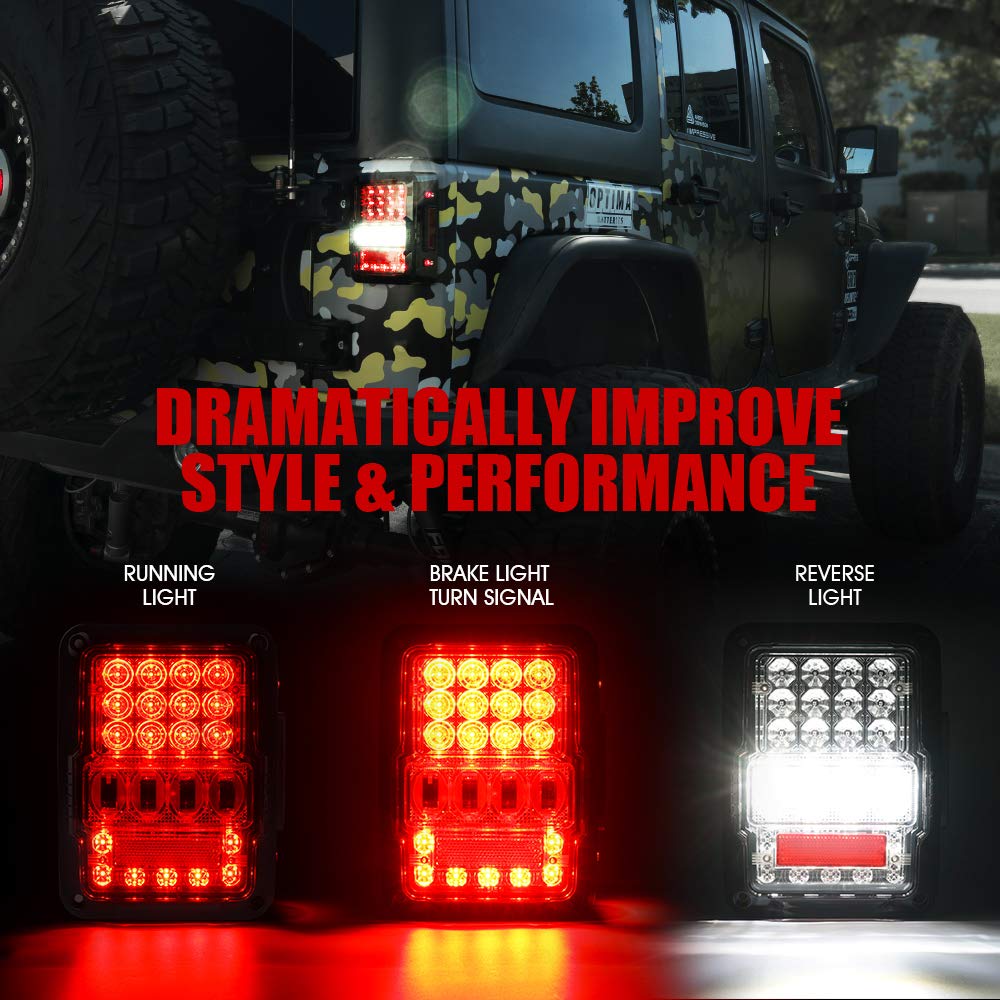 Xprite Led Tail Lights Compatible With Jeep Wrangler Jk Jku Rubicon Sahara Sport 07-18, 4D Clear Lens, Brake Turn Signal/Reverse