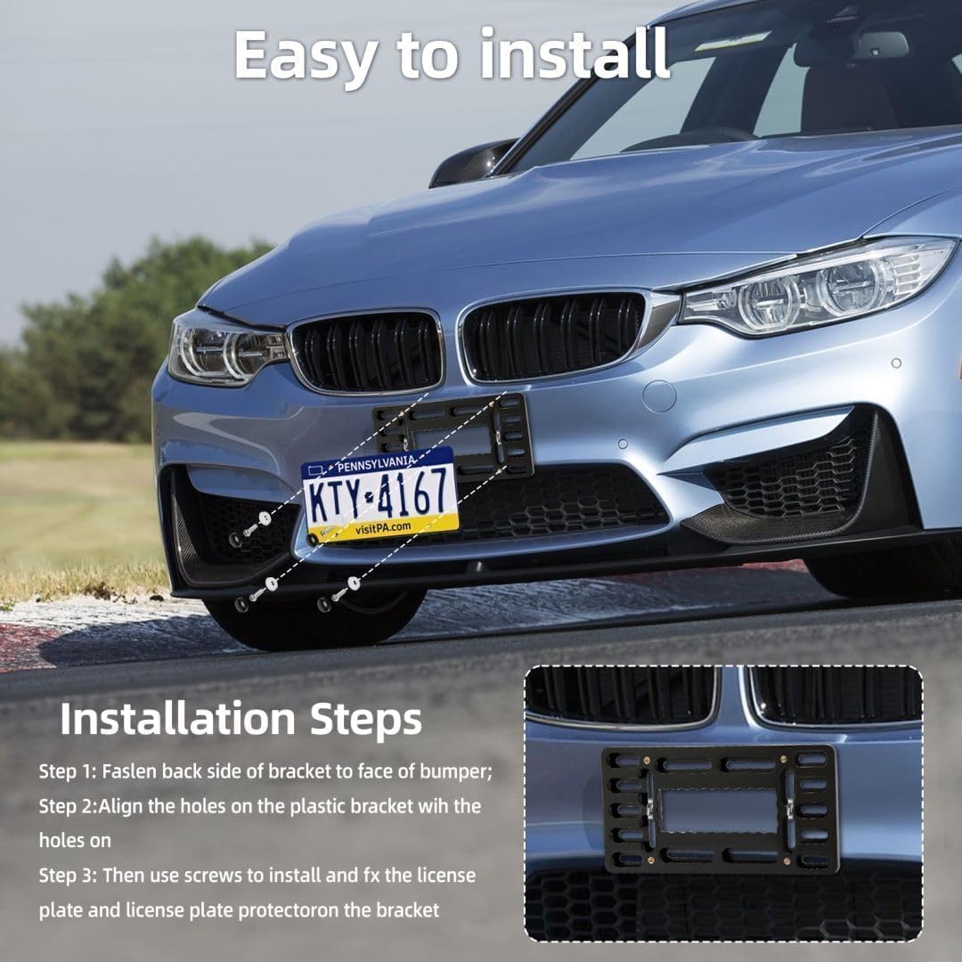 Xclpf Front License Plate Bracket. No Drill Front License Plate Bracket .Front License Plate Mounting Kit. Universal Bumper Car Frame Mount Adapter With Stainless Steel Screw Cap,Cable Ties