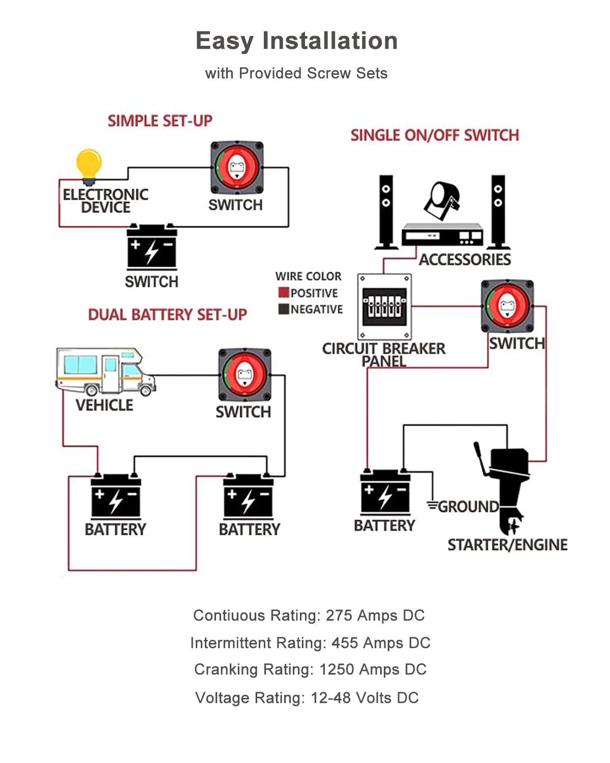 Gioyonil Battery Switch Disconnect, 12V-48V Power Shut Off Master Isolator Kill Switch With 4Awg-3/8 Ring Terminals Heat Shrink