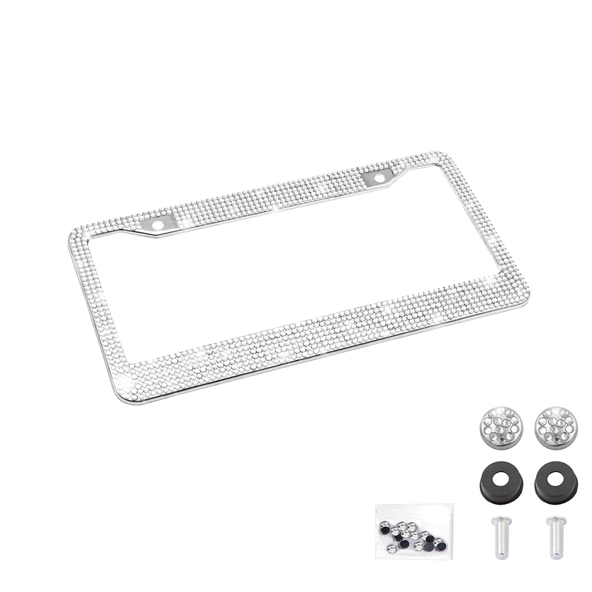 Bling Car License Plate Frame, Handcrafted Crystal Stainless Steel License Plate Frame, Sparkly, Durable, Universal Fit, Car Accessories For Girls, Women (White)