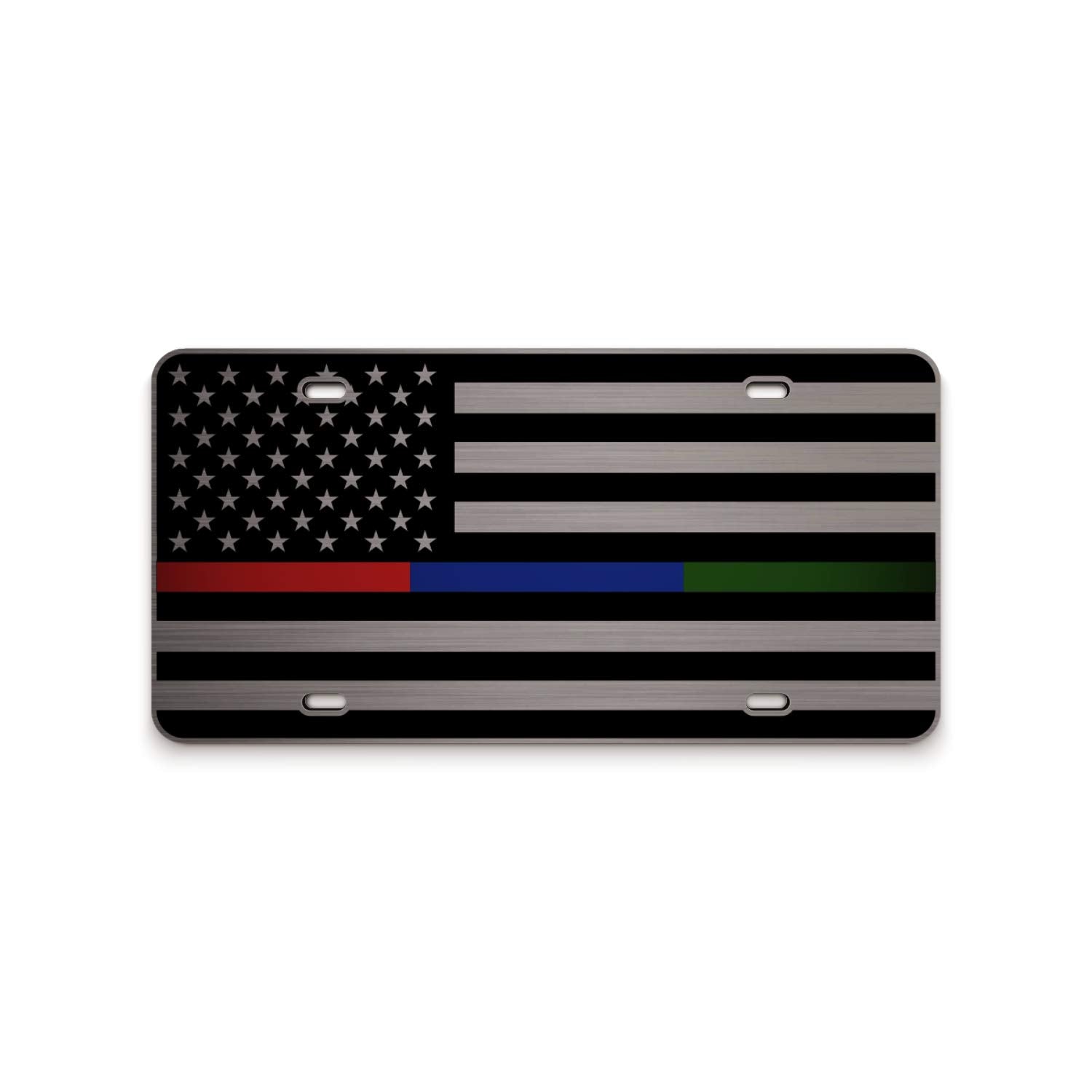 Jass Graphix Thin Blue Line Thin Red Line Thin Green Line American Flag License Plate Matte Black On 1/8'' Brushed Aluminum Comp