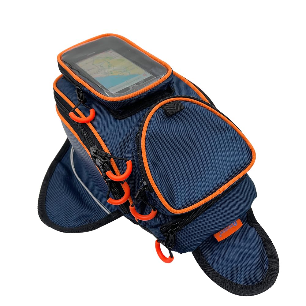 Reygeak Motorcycle Tank Bag,Waterproof, With Super Magnetic Thickened Magnet Blue Orange 1680D Pvc Petrol Tank Bag, Large Window