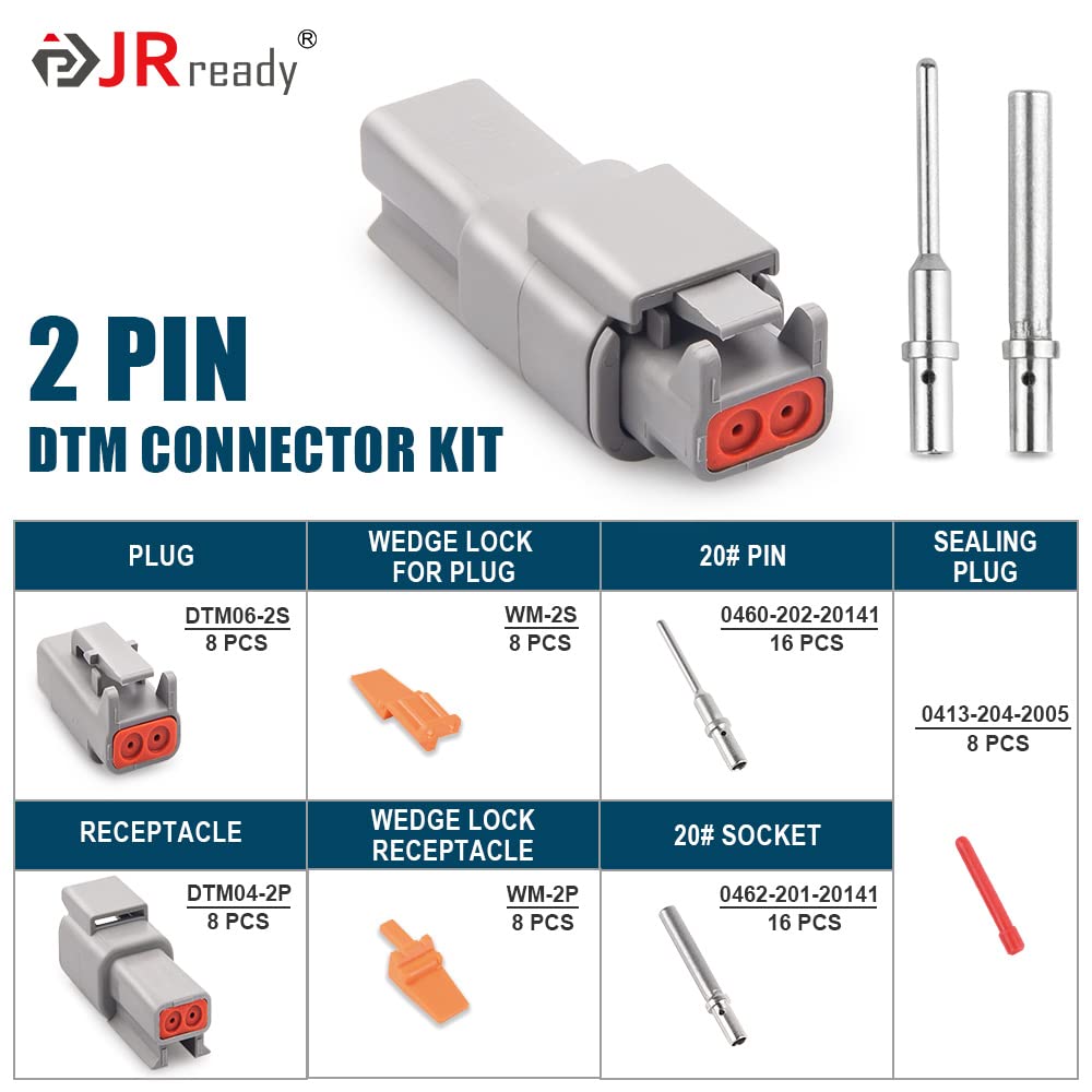 JRready Deutsch DTM Connector 2 Pin 8 Kits, ST6330-201 DTM Connector Kit with Size 20 Solid Contacts 20-22AWG, Waterproof Automo