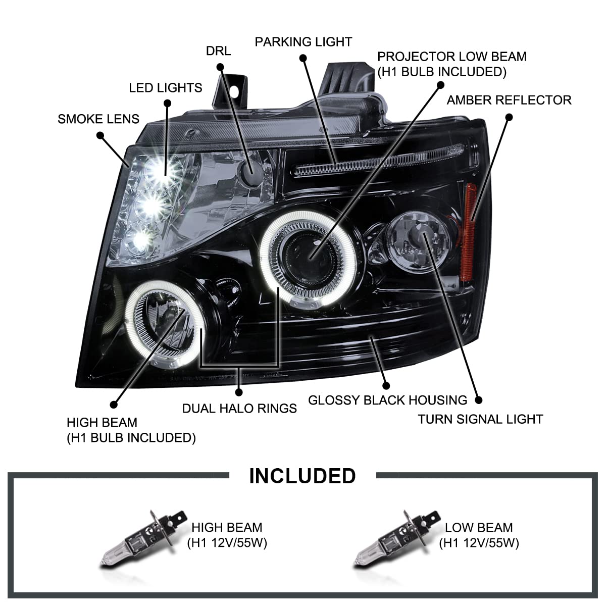 Spec-D Tuning Black Smoke Led Dual Halo Projector Headlights Compatible With 2007-2014 Chevy Avalanche, Tahoe, Suburban 1500 250