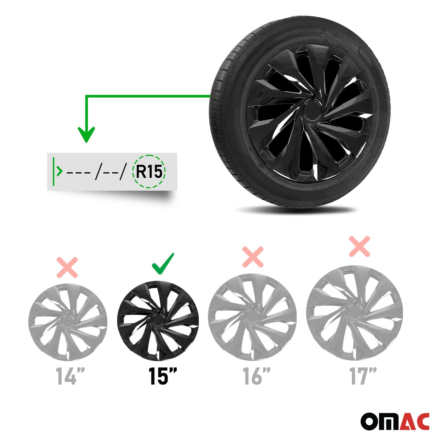 Omac - Abs Black Hub Caps 15 Inch Set Of 4, Tapas Para Rines 15, Premium Wheel Covers 15 Inch, R15 Rim Cover Set, Snap On Durabl