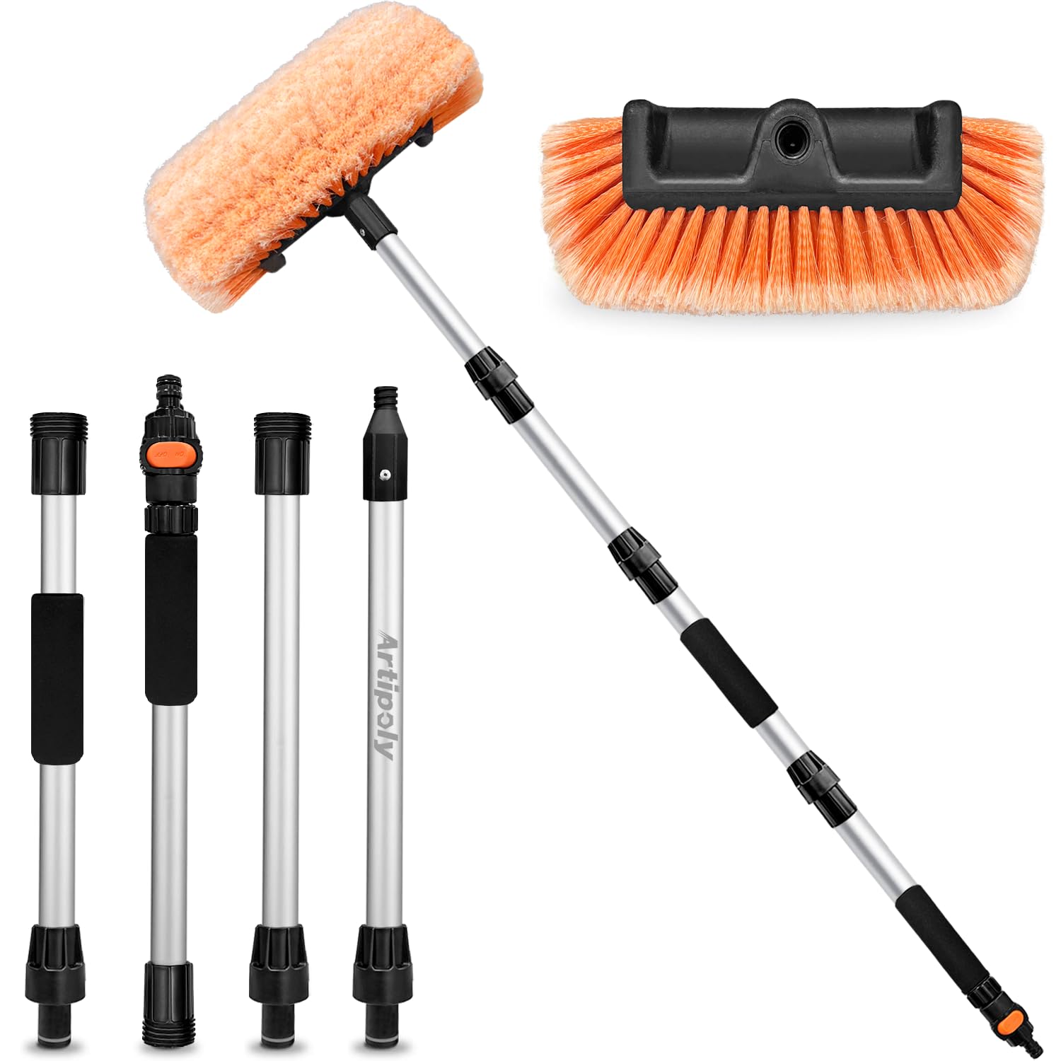 ARTIPOLY 72 Car Wash Brush with Long Handle, Flow-Thru Soft Bristle Car Washing Brush with Extendable Handle and Hose Attachment