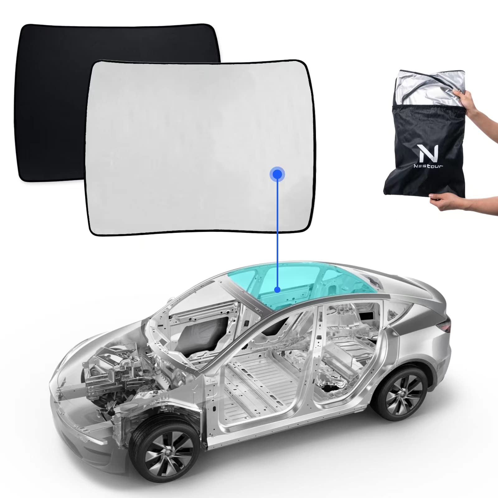 Nestour For Tesla Model Y Sunshade, Foldable Sunroof Window Shade Accessories Fit For Tesla Model Y 2020-2023, With Uv/Heat Insu