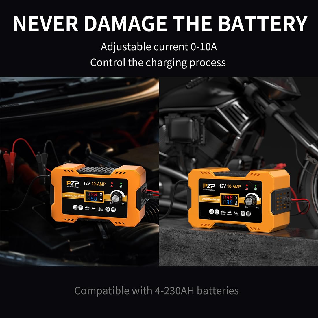 Pz.P 12V Automatic Car Battery Charger, 0-10A Arbitrarily Adjustable Smart Trickle Charger, Auto Desulfator With Battery Repair,