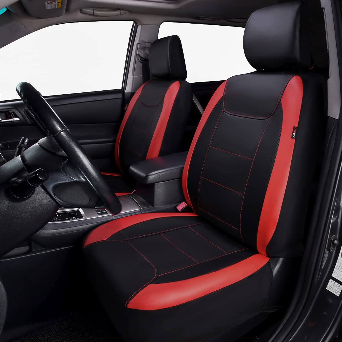 Flying Banner Car Seat Covers Protects Water Proof Faux Leather Carbon Fiber Front And Rear Bench (Red Black, Full Set - 9Pcs)