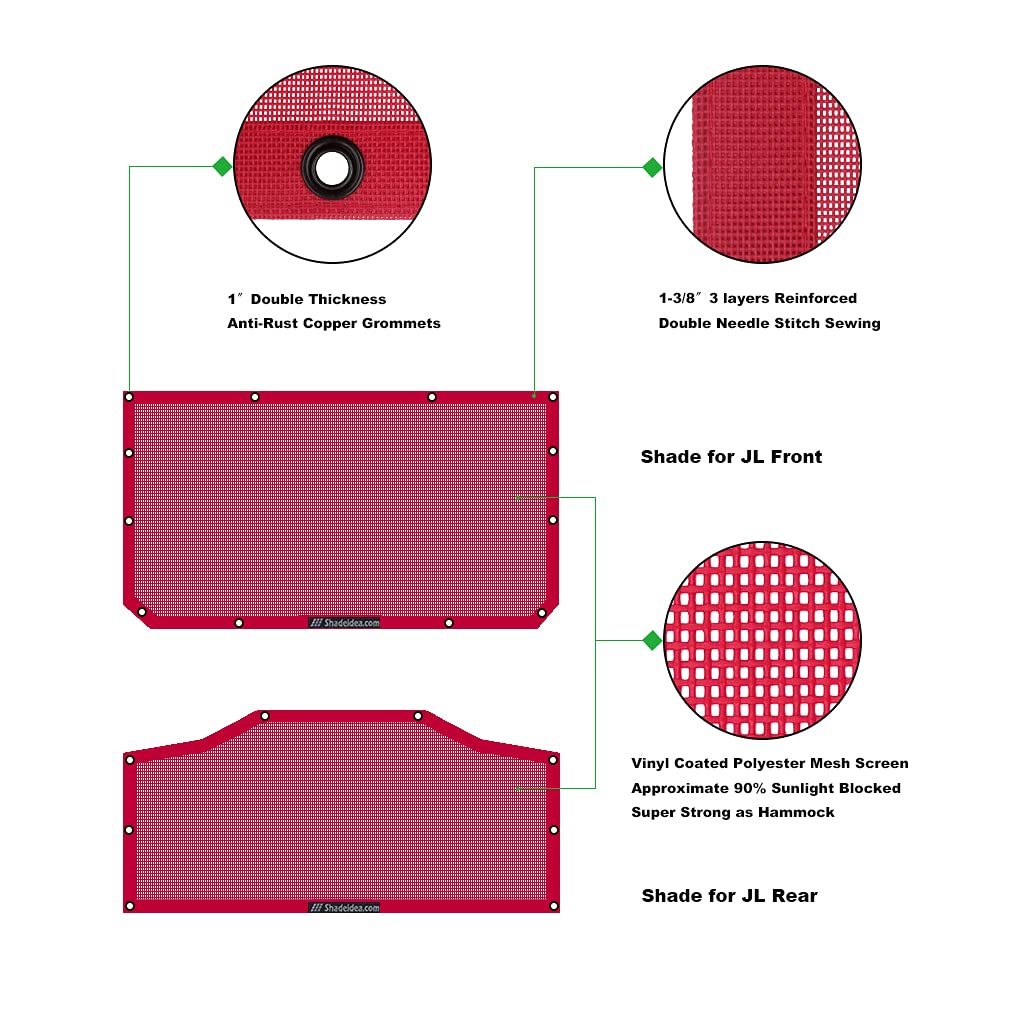 Shadeidea Jl Sun Shade Top For Jeep Wrangler 2 Door Top Sunshade (2018-2023), Front & Rear - Cherry Red Mesh Screen Wrangler Cov