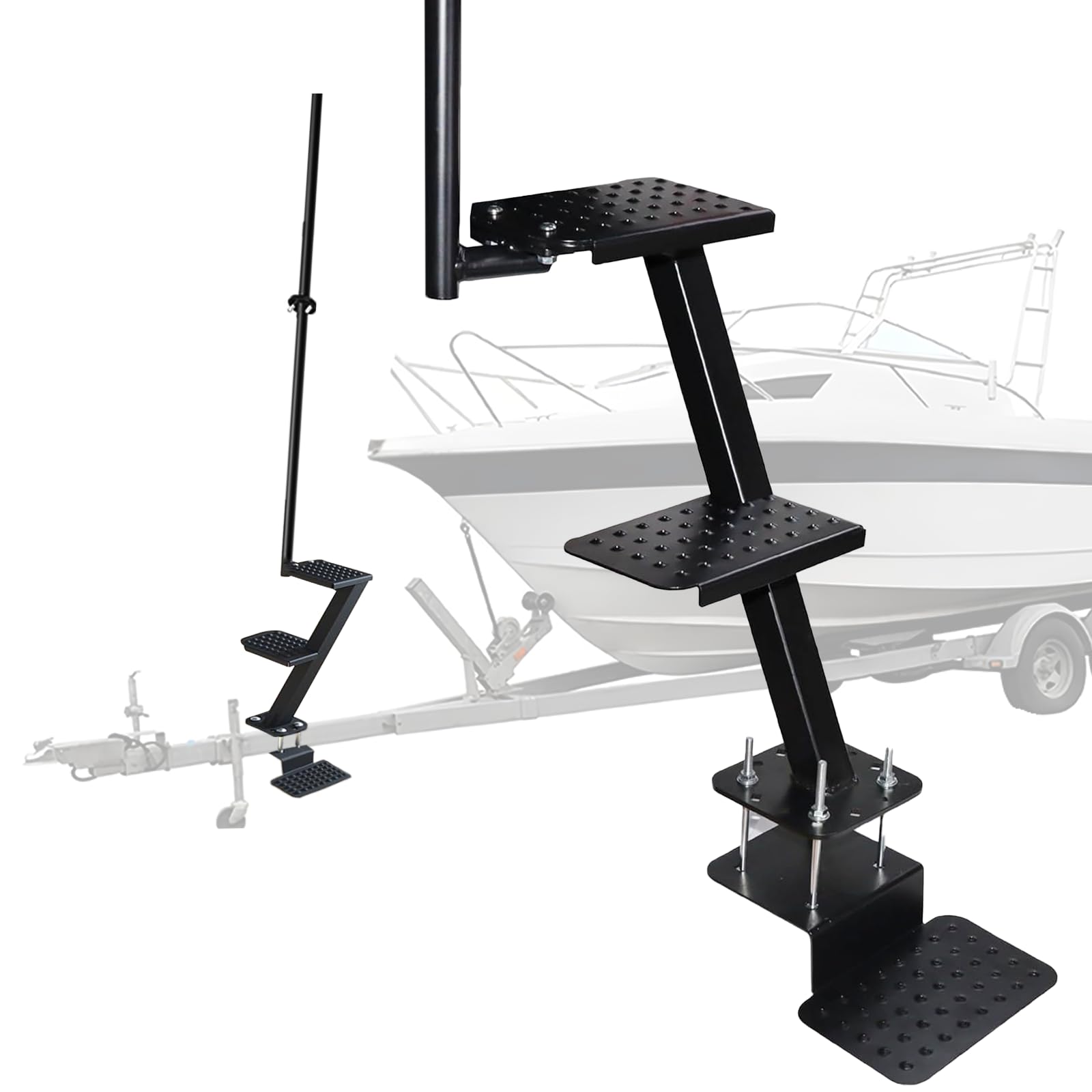Boat Trailer Steps with Safety Handle,Non-Slip Surface,3 Boat Steps, Heavy Duty Steel Black Powder Coated, 450 LBS Capacity, Uni