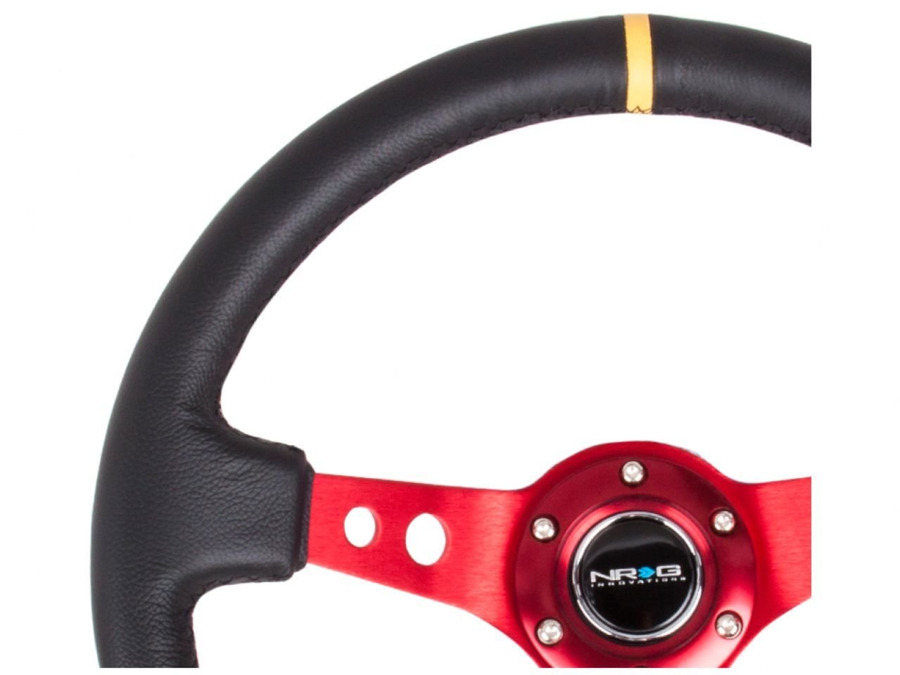 NRG Innovations NRG-RST-006RD-Y Reinforced Steering Wheel - 350mm Sport Steering Wheel (3&quot; Deep) - Red Spoke with Round holes, Black Leather, Yellow Center Mark