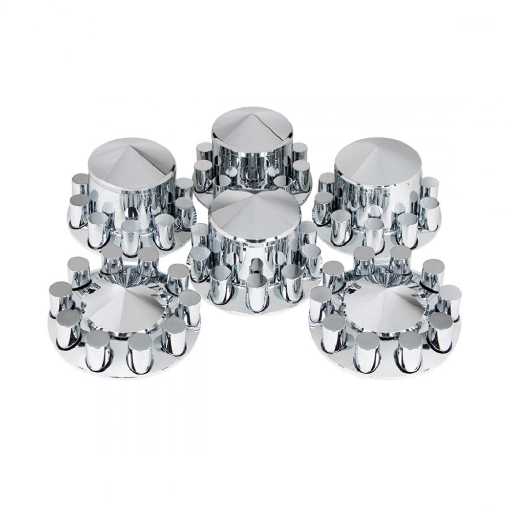 United Pacific 10318 - Axle Hub Cover Kit - Chrome Pointed Axle Cover Combo Kit With 33Mm Thread-On Cylinder Nut Cover
