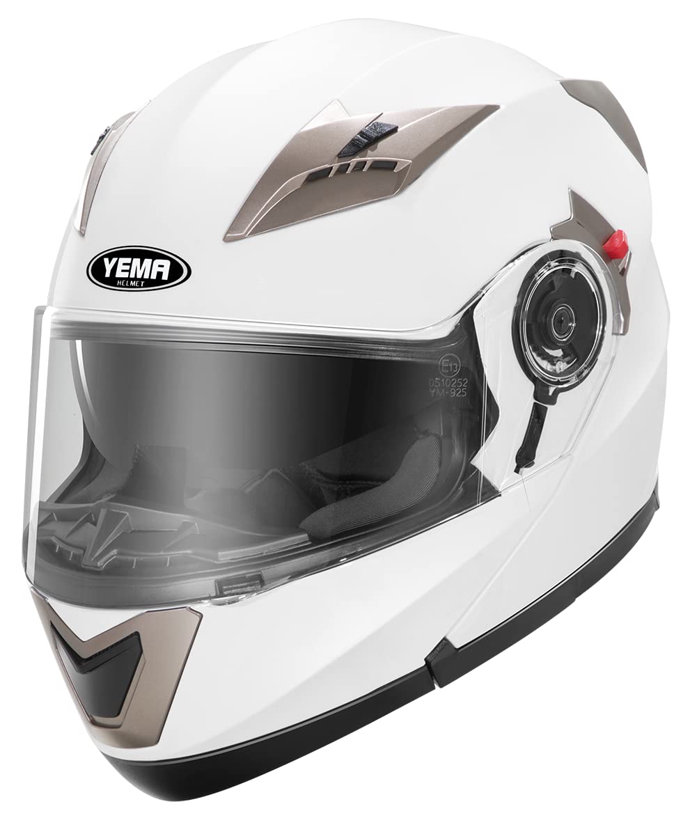 Motorcycle Modular Flip-Up Helmet Dot Approved - Yema Helmet Ym-925 Motorbike Casco Moto Moped Street Bike Racing Helmet With Sun Visor For Adult,Youth Men And Women - White,M
