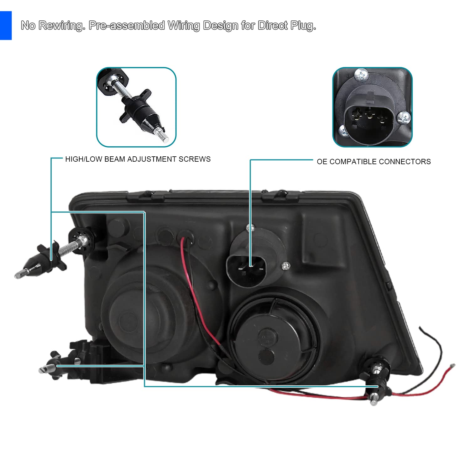 Spec-D Tuning Smoke Lens Projector Headlights W/Halo Ring Compatible with 1998-2000 Ford Ranger Left + Right Pair Headlamps Assembly