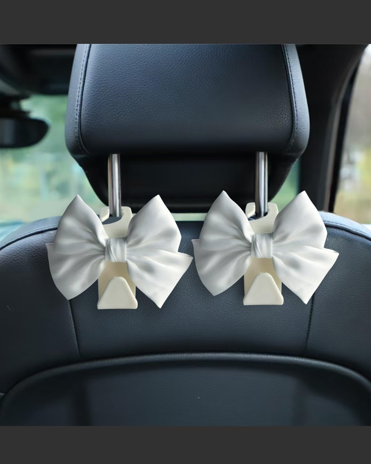 BVGACI 2 Pack Car Purse Hooks, Cute Bow Car Seat Headrest Hook Hanger for Purses and Bags (White silk)