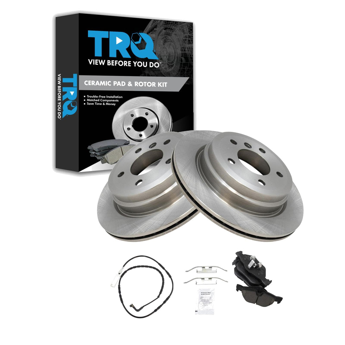 Trq Rear Brake Pad & Rotor Kit Brake Pad Wear Sensor Brake Pads Brake Rotor Ceramic Compatible With 2007-2013 Bmw 328I 2009-2013