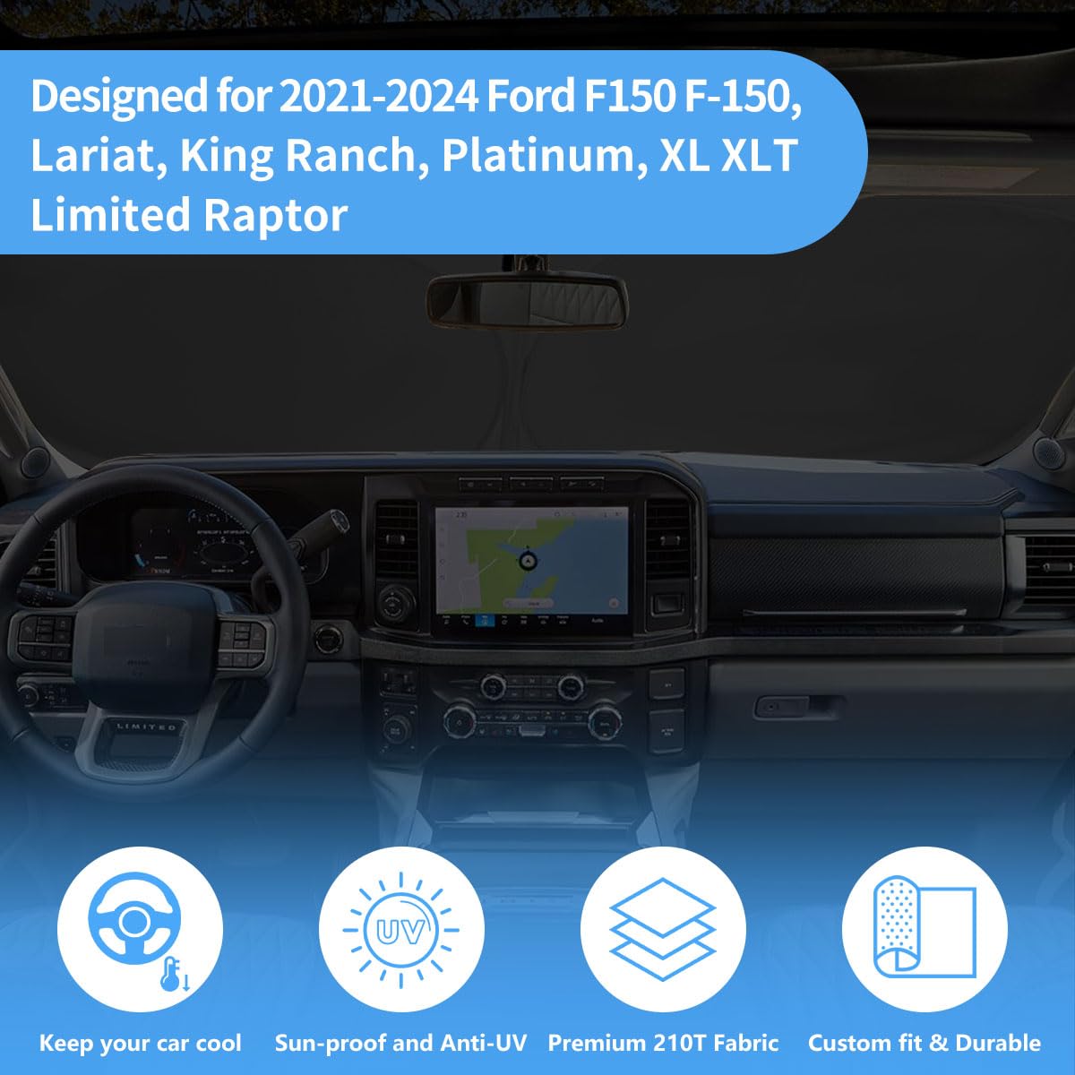 Car Windshield Sun Shade Foldable Sunshade Protector For 2015-2020 Ford F-150 F150 Lariat, King Ranch, Platinum, Xl Xlt Limited