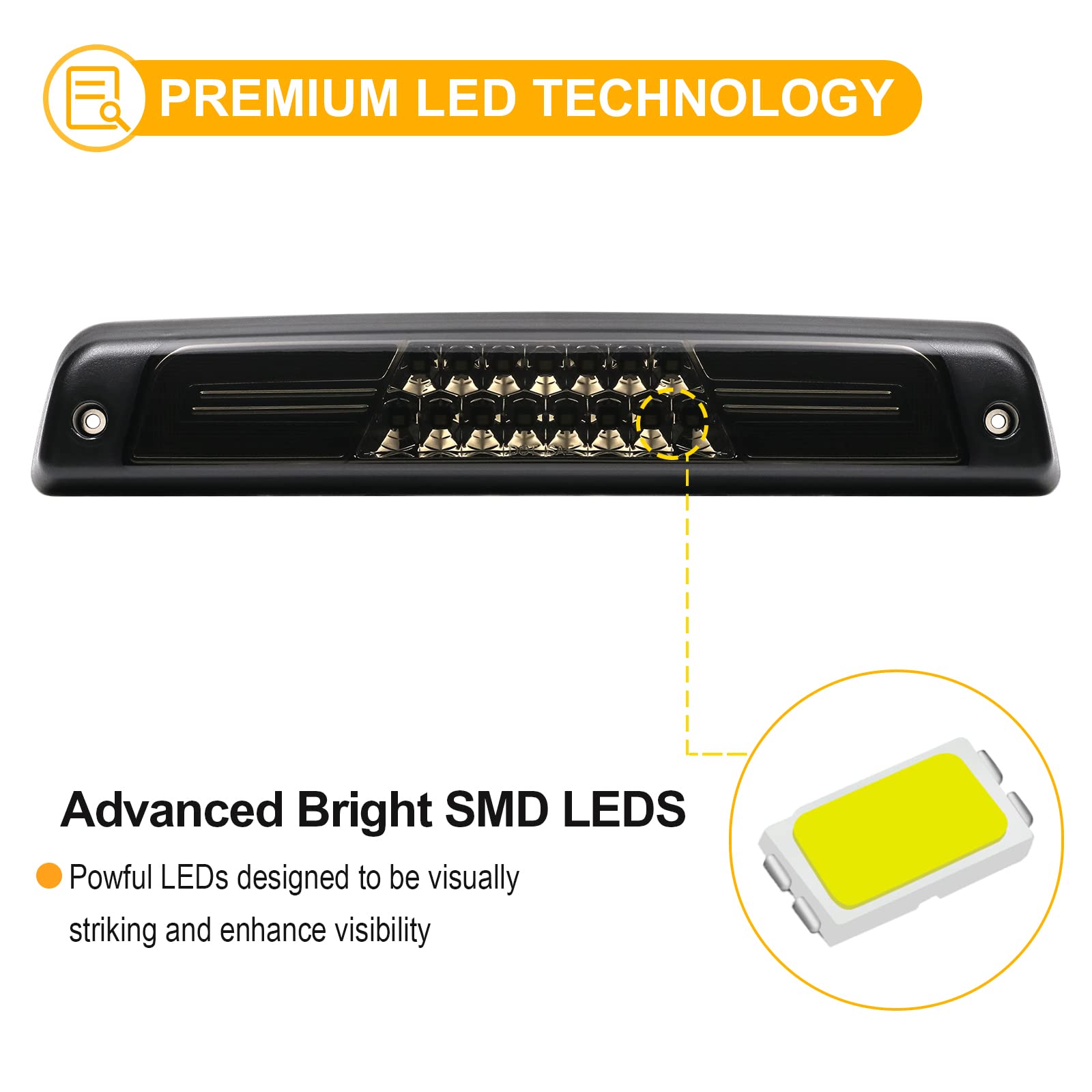 R&F Auto Led Smoked 3Rd Brake Light Replacement For Ram 1500/2500 / 3500 (1994-2001) Pickup Truck Roof Cargo Lights High Mount S