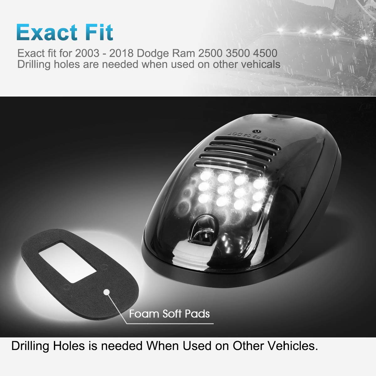 Partsam 5Pcs 12Leds Smoke/White Cab Roof Top Marker Running Lights 264146Bk Replacement For Dodge Ram 2003-2018 (Smoked Lens/Whi