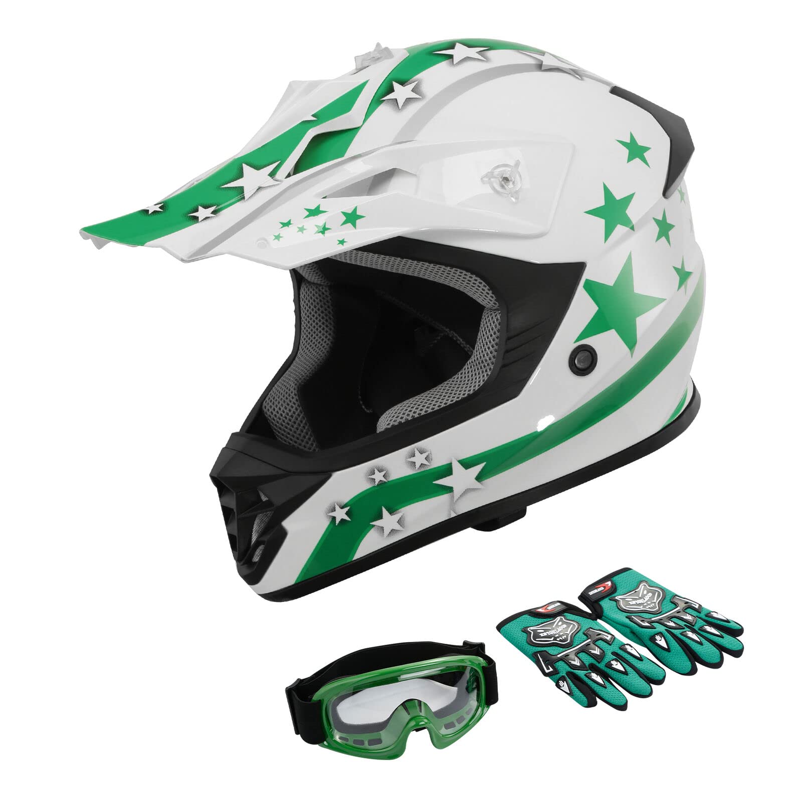 Tct-Motorparts Dot Youth Atv Helmets W/Goggles+Gloves Kids Motocross Offroad Street Dirt Bike Helmet+Gloves+Goggles White W/Green Star Xl
