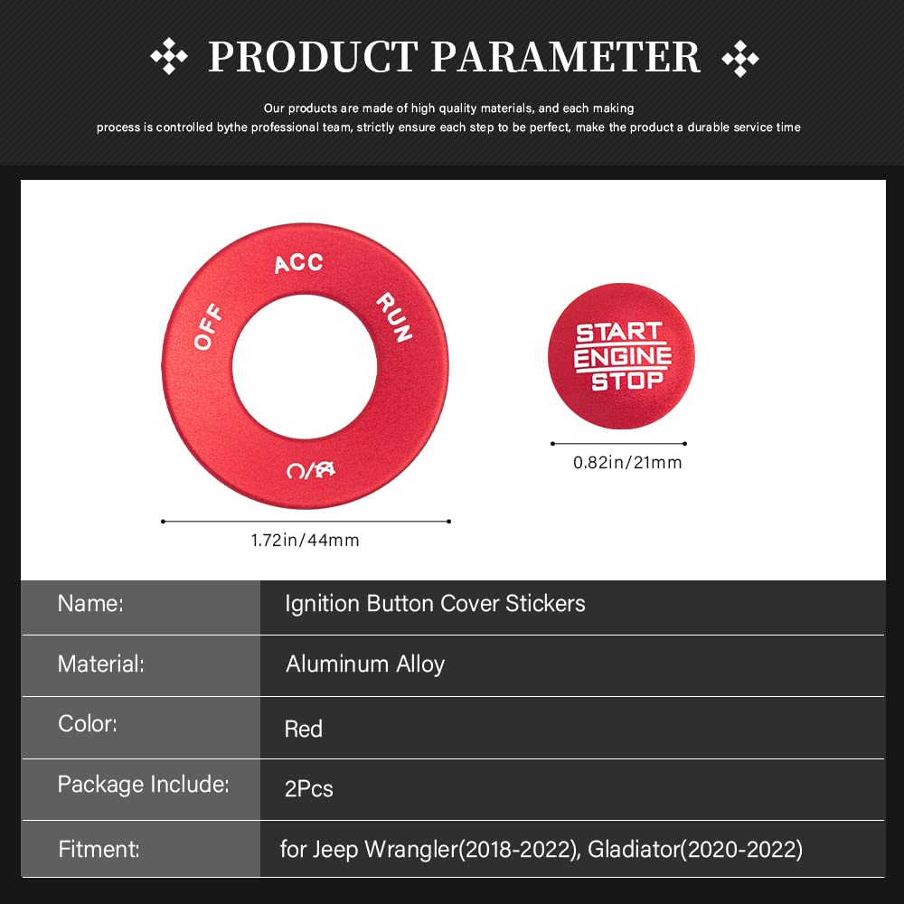 LECART Red Start Engine Stop Button Cover Stickers for Jeep Wrangler JL JLU Gladiator JT 2020-2022, Aluminum Ignition Button Stickers